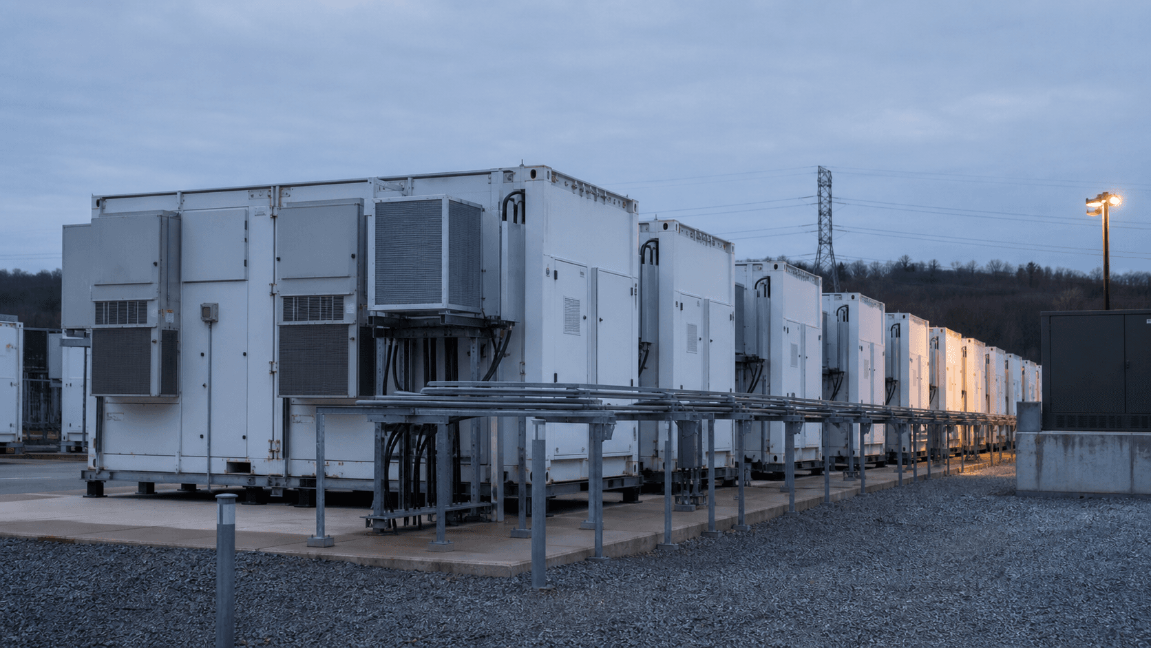 Rows of stationary storage batteries with red and blue terminal caps and brass posts, the row falling away out of focus.