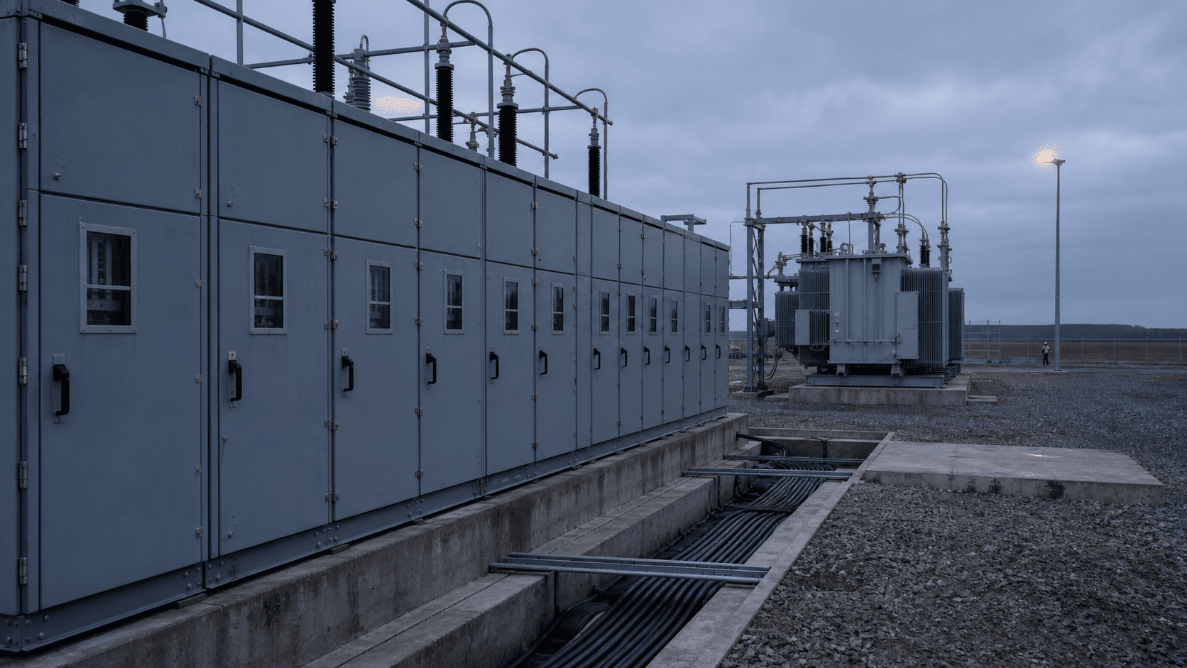 An electrical substation at nightfall: steel gantries and insulators under a deep blue sky, site lights glowing behind them.